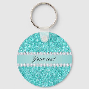 Faux Teal Sequins and Diamonds Key Ring