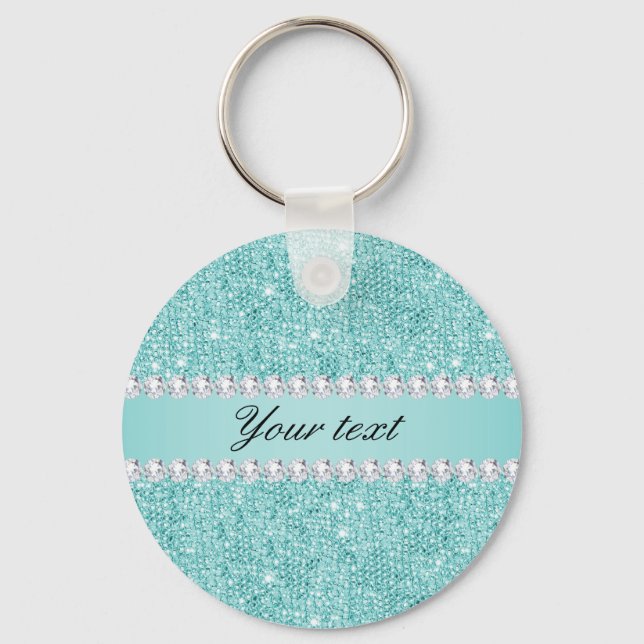 Faux Teal Sequins and Diamonds Key Ring (Front)