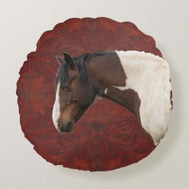 Faux Tooled-Leather & Indian Paint Pinto Stallion Round Cushion (Front)