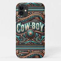 Faux Tooled Leather Turquoise Brown Cowboy
