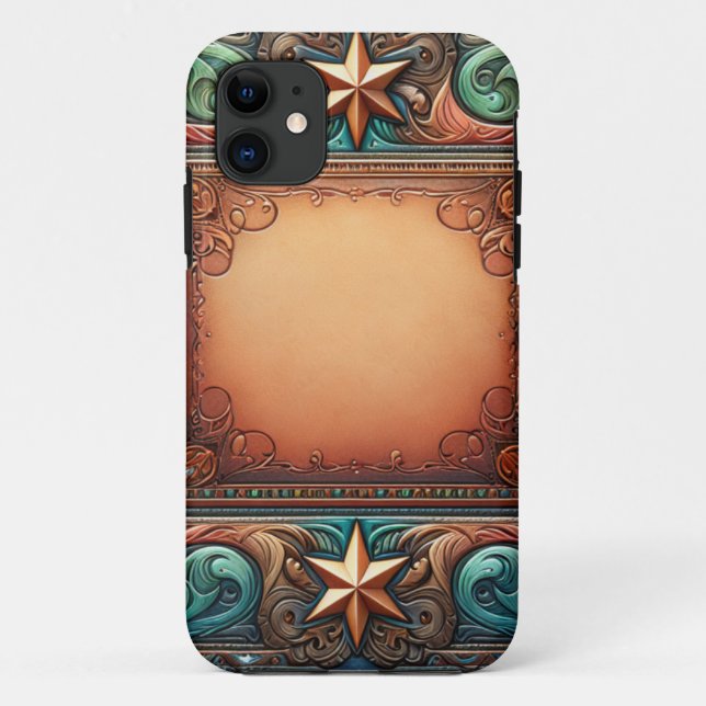 Faux Tooled Leather Turquoise Brown Custom Initial Case-Mate iPhone Case (Back)
