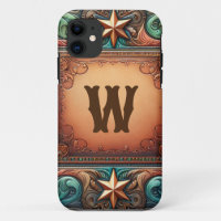 Faux Tooled Leather Turquoise Brown Custom Initial