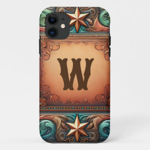 Faux Tooled Leather Turquoise Brown Custom Initial iPhone 11 Case