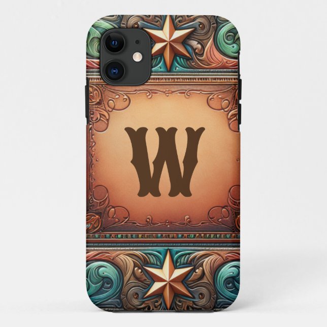 Faux Tooled Leather Turquoise Brown Custom Initial Case-Mate iPhone Case (Back)