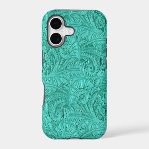 Faux Tooled Leather Turquoise Medium Print Western