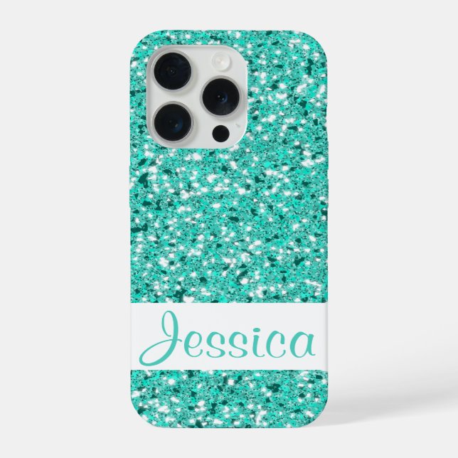 Faux Turquoise Glitter Look-like With Custom Name iPhone Case (Back)