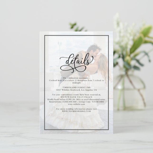 Faux Vellum Effect Overlay Photo Wedding Details Enclosure Card (Standing Front)