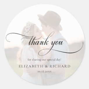 Faux Vellum Effect Photo Script Thank You Wedding Classic Round Sticker
