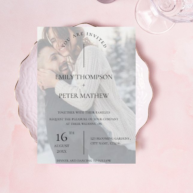 Faux Vellum Effect Photo Typography Script Wedding Invitation (Creator Uploaded)