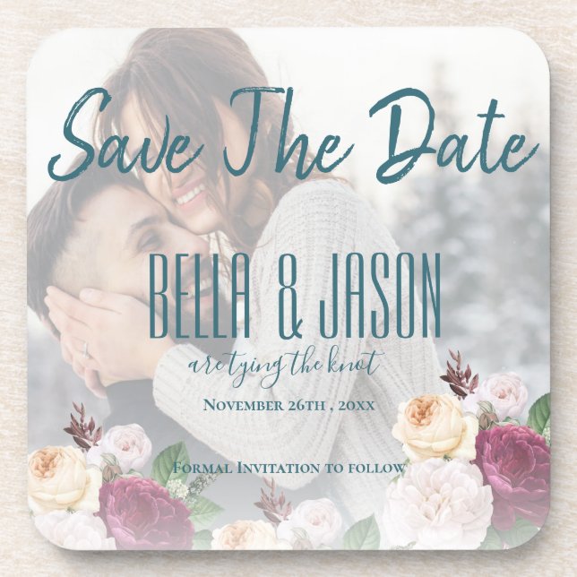 Faux Vellum Floral Photo Wedding Tying The Knot Coaster (Front)