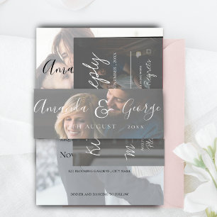 Faux Vellum Photo Elegant Script Wedding Invitation Belly Band
