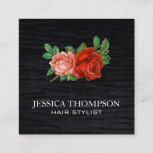 Faux Velvet Black Print Fancy Roses Square Business Card