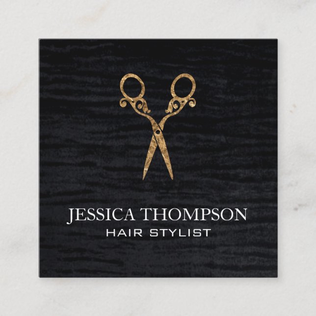 Faux Velvet Black Print Fancy Salon Scissors Square Business Card (Front)