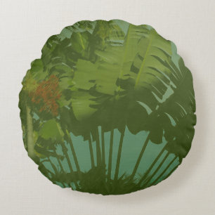 Faux Vintage Tropical Fabric Round Cushion