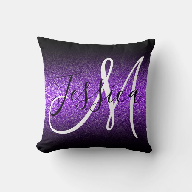 Faux Violet Glitter Black Ombre Monogram Cushion (Front)
