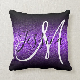 Faux Violet Glitter Black Ombre Monogram Cushion