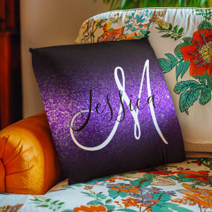 Faux Violet Glitter Black Ombre Monogram Cushion