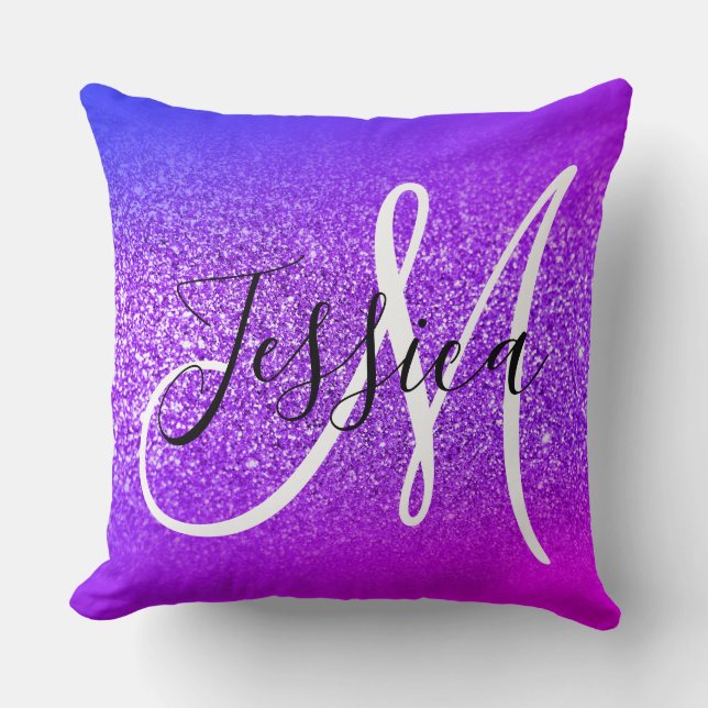 Faux Violet Glitter Miami Ombre Monogram Cushion (Front)
