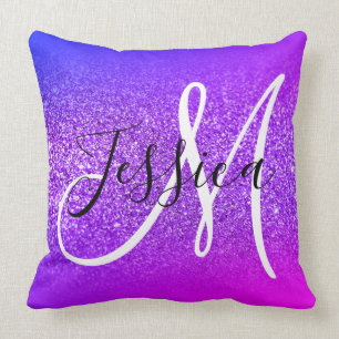 Faux Violet Glitter Miami Ombre Monogram Cushion