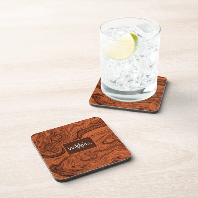 Faux Walnut Woodgrain Monogrammed  Coaster (Right Side)