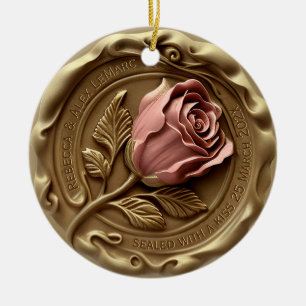 Faux Wax Stamp Gold Pink Rose Flower Anniversary Ceramic Tree Decoration
