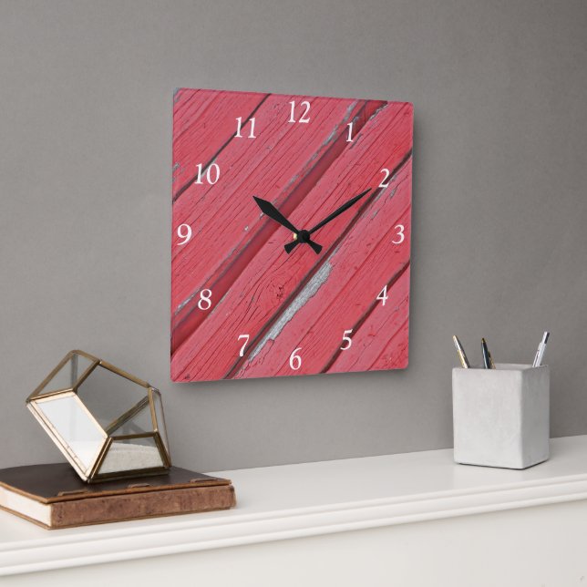 Faux Weathered Red Barn Wood Square Wall Clock (Office)