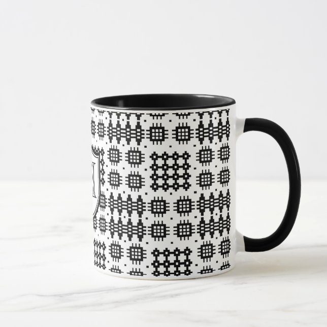 Faux Welsh Tapestry Pattern Monogram Black, White Mug (Right)