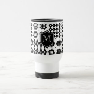 Faux Welsh Tapestry Pattern Monogram Black, White Travel Mug