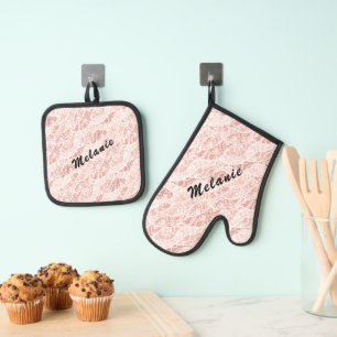Faux White Lace Fishnet Custom Name Personalised Oven Mitt & Pot Holder Set