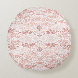 Faux White Lace Fishnet Round Pillow with Flowers