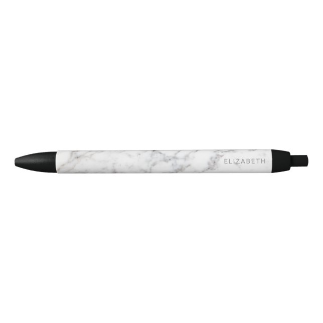 Faux White Marble Texture Look-like & Custom Name Black Ink Pen (Front)
