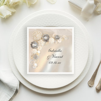 Faux White Pearl and Diamond Buttons Wedding Napkin