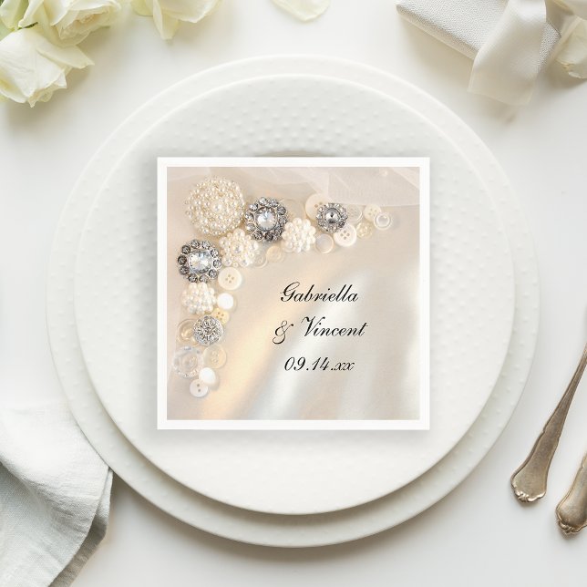 Faux White Pearl and Diamond Buttons Wedding Napkin (Creator Uploaded)