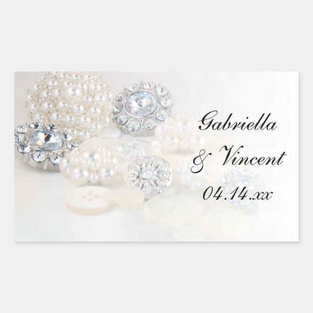 Faux White Pearl and Diamond Buttons Wedding Rectangular Sticker (Front)