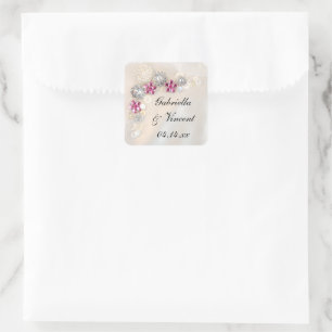 Faux White Pearl and Pink Diamond Buttons Wedding Square Sticker