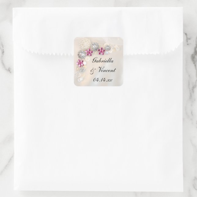 Faux White Pearl and Pink Diamond Buttons Wedding Square Sticker (Bag)