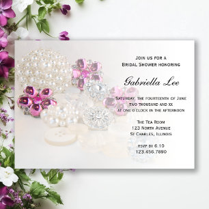 Faux White Pearl Pink Diamond Button Bridal Shower Invitation