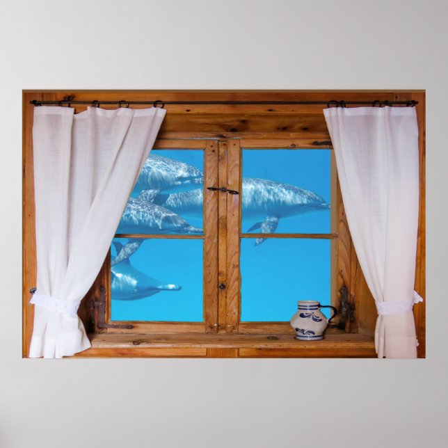 Faux Window View Underwater Dolphins Ocean Fun Poster (Front)