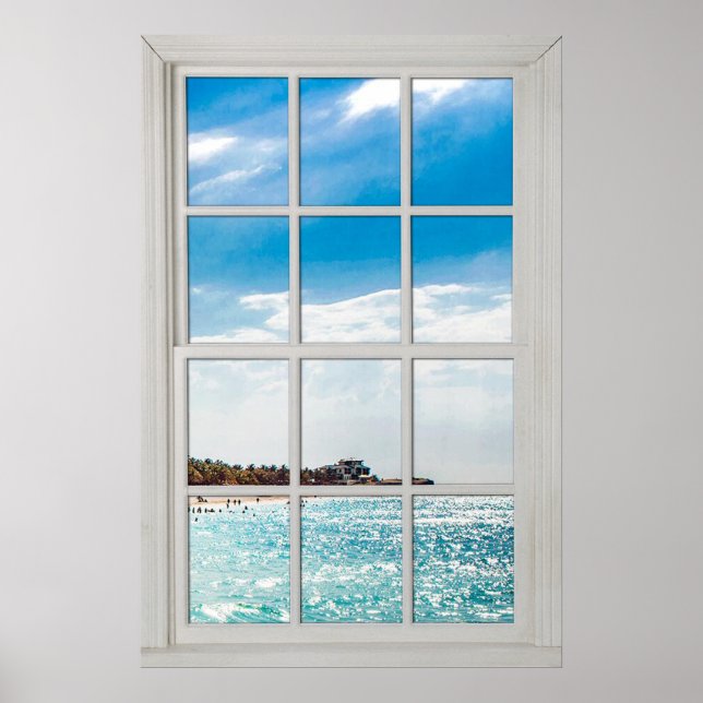 Faux Window White Wood Window Frame Caribbean View Poster (Front)
