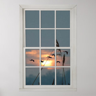 Faux Window White Wood Window Frame Flock of Birds Poster