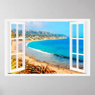 Faux Window with Beach Ocean Poster