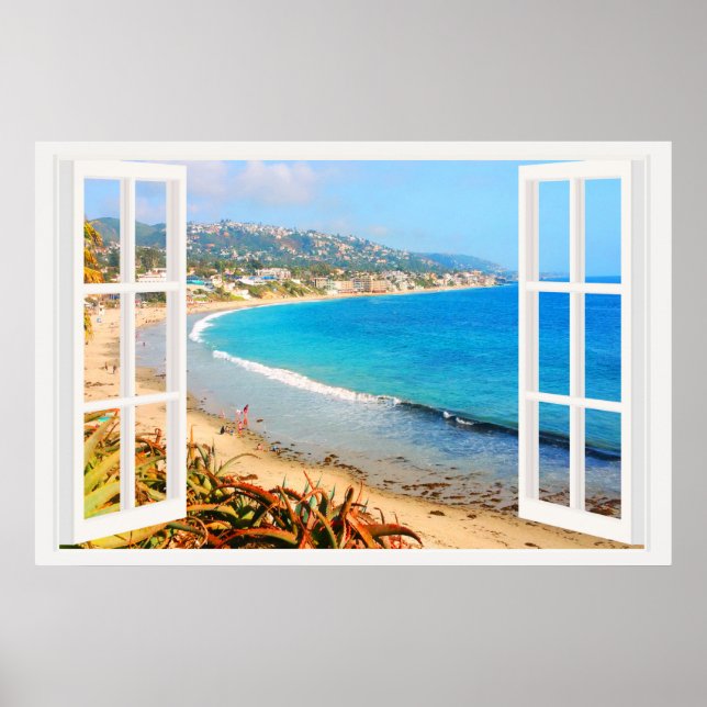Faux Window with Beach Ocean Poster (Front)