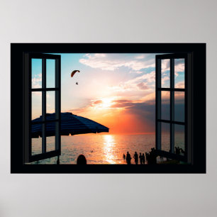 Faux Window with Beach Sunset Ocean Poster