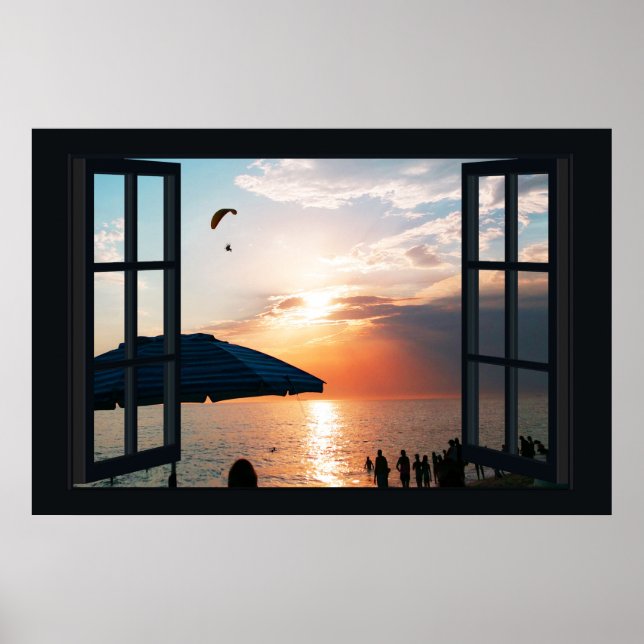 Faux Window with Beach Sunset Ocean Poster (Front)