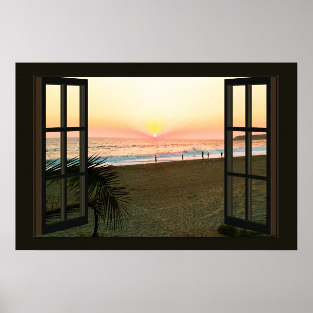 Faux Window with Beach Sunset Ocean Poster (Front)