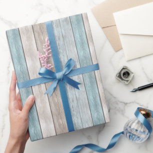 Faux Wood Blue Ivory Birthday Wrapping Paper