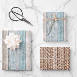 Faux Wood Blue Ivory Birthday Wrapping Paper Sheet
