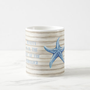 Faux Wood Blue Starfish Beach Coffee Mug