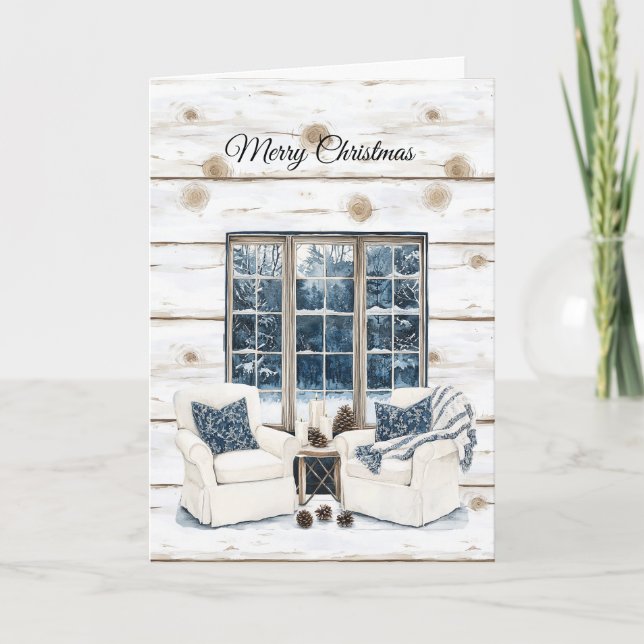 Faux Wood Cozy Country Christmas Trees Window Card (Front)