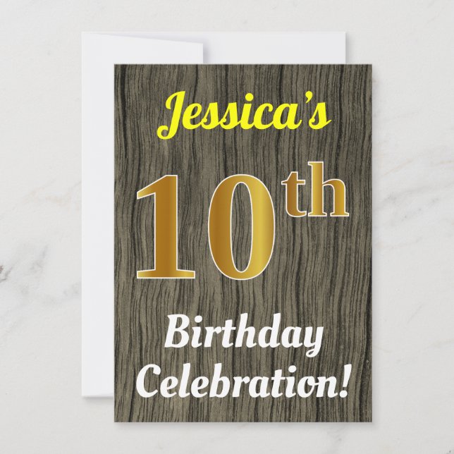 Faux Wood, Faux Gold 10th Birthday Celebration Invitation (Front)
